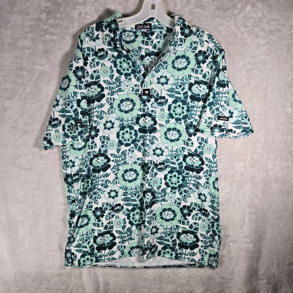 Bad Birdie Lake Effect Polo Mens Large Green Floral Performance Corona Beer Logo